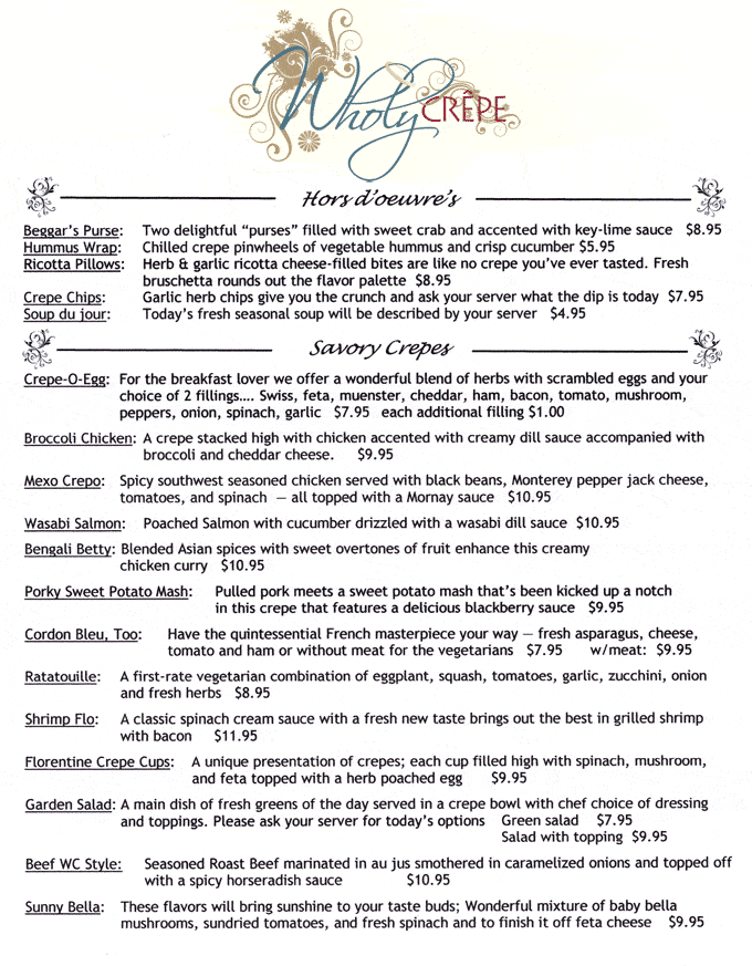 Wholy Crepe Menu Page 1