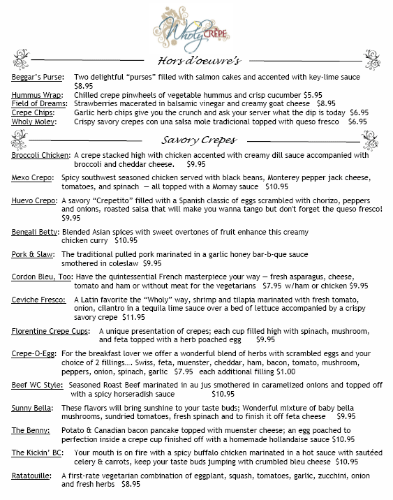 Wholy Crepe Menu Page 1