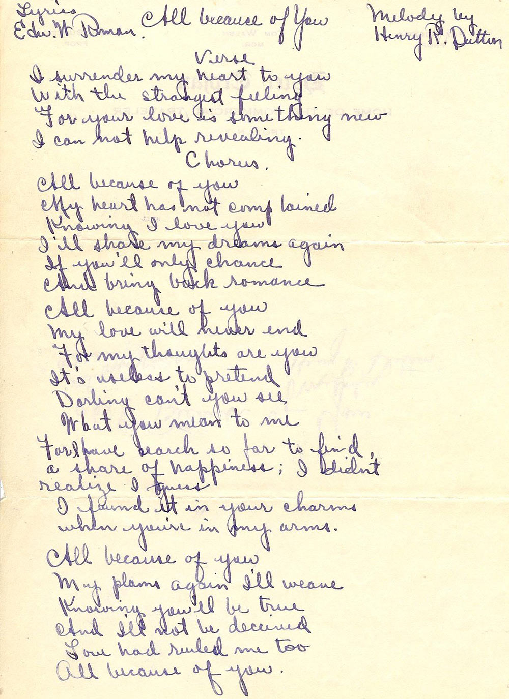 Copy of handwritten lyrics to "All Because Of You"