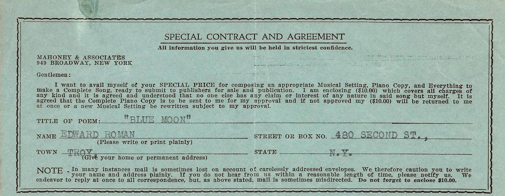 Agent Contract For The Song Blue Moon