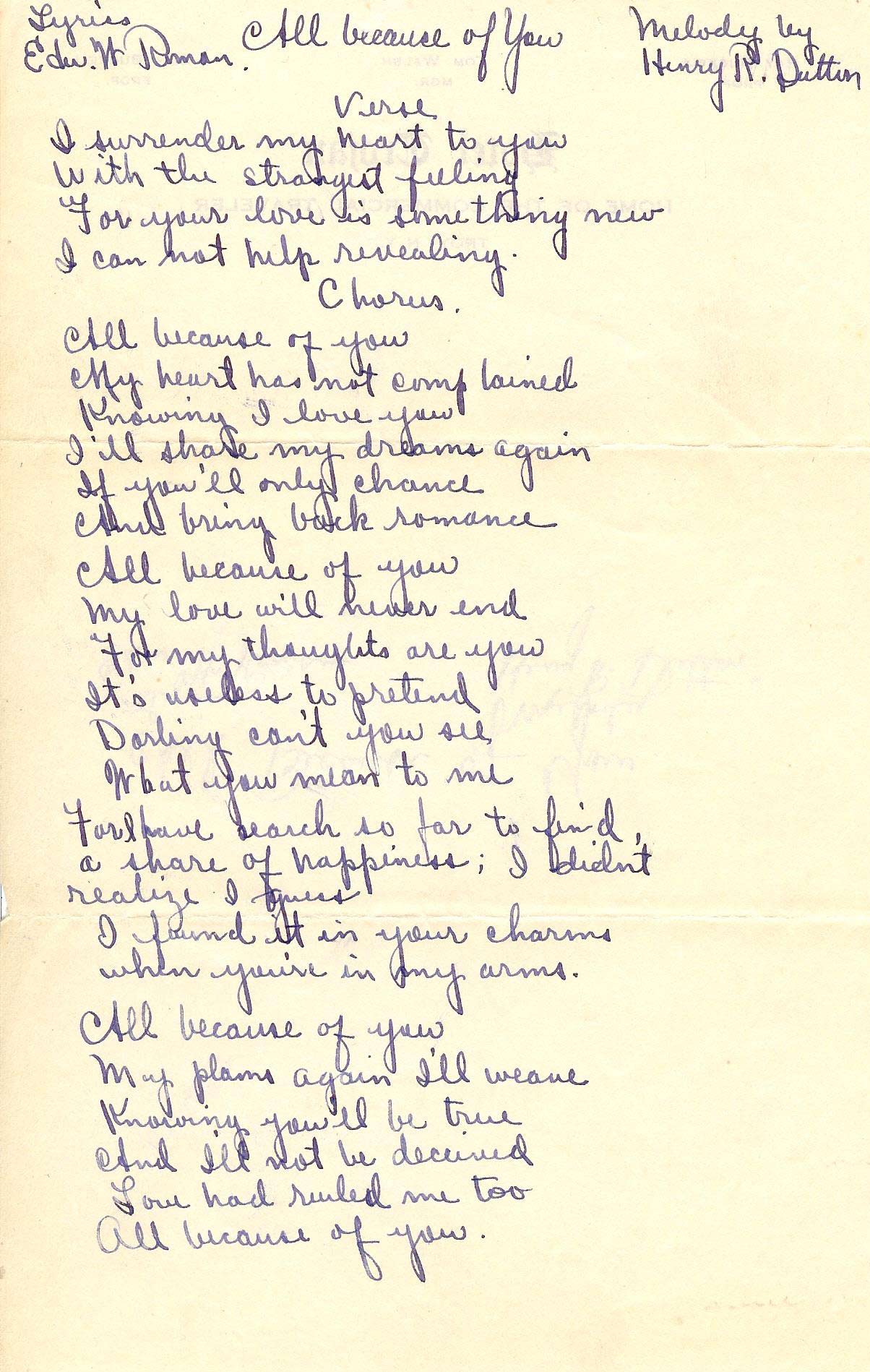 Lyrics to "All Because of You", 1936.