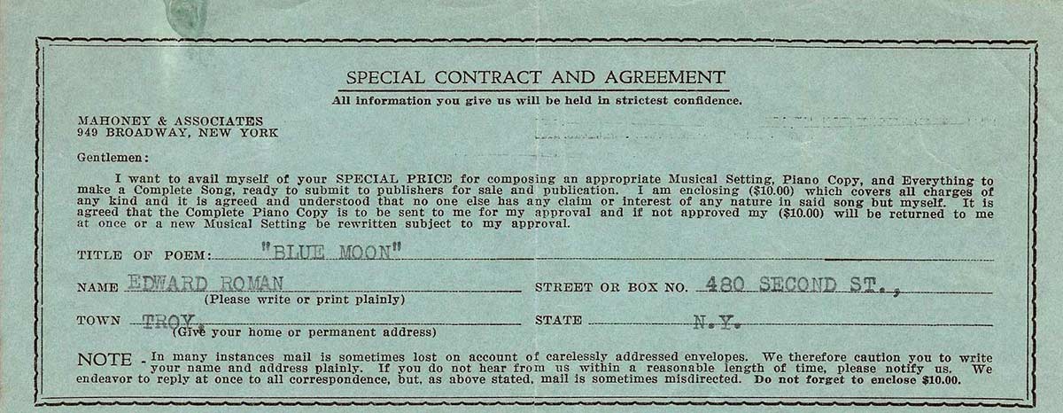 Image of the proposed contract agreement with the agent Mahoney and Associates for the song Blue Moon